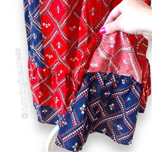 Vintage 70’s Prairie Maxi Skirt Blue & Red Calico Floral Print Ruffle Hem - Picture 9 of 15